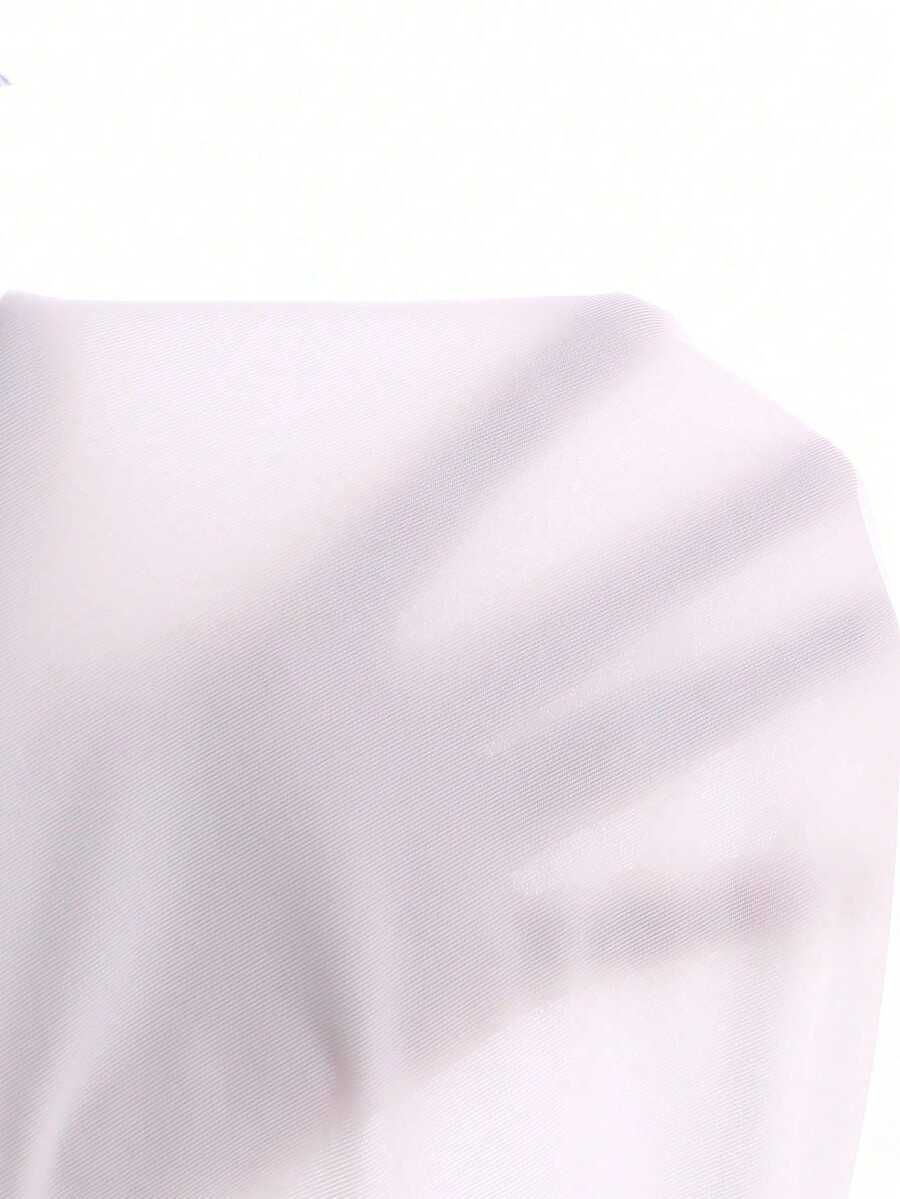 SHEIN 少女仙女牛仔風領口泡泡袖修身純色可拆卸珍珠蝴蝶結休閒襯衫，秋季教師節白色
