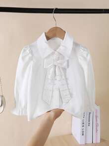 SHEIN 少女仙女牛仔風領口泡泡袖修身純色可拆卸珍珠蝴蝶結休閒襯衫，秋季教師節白色 - 白色 - 查看 6