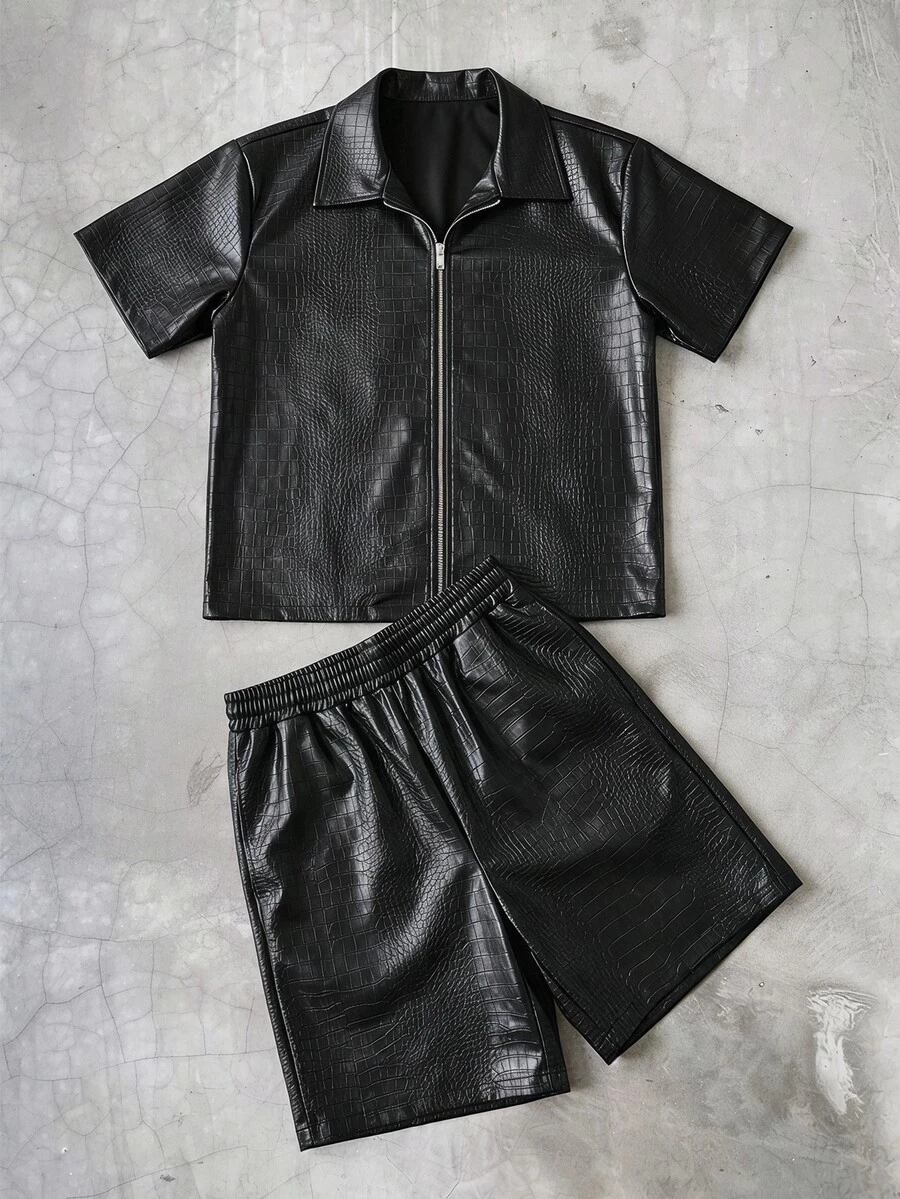 STYNVO Men's Fashion Short Sleeve Shirt And Shorts Set - Black - View 1