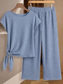 SHEIN Clasi 女款2件套：蝴蝶結領襯衫與寬鬆直筒長褲，度假風藍色格紋夏季熱帶休閒裝 - 淺藍色 - 查看 5