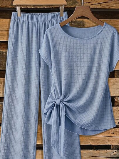 SHEIN Clasi Women's 2pcs Set: Tie Bow Blouse And Loose Straight Leg Pants