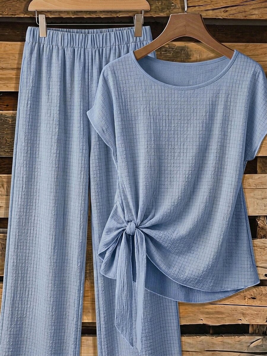 SHEIN Clasi 女款2件套:蝴蝶結領襯衫與寬鬆直筒長褲,度假風藍色格紋夏季熱帶休閒裝 - 淺藍色 - 查看 1