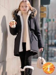 SHEIN 青少年女孩冬季連帽派克夾克外套 抓絨內裡 人造毛領 - 黑色 - 查看 4