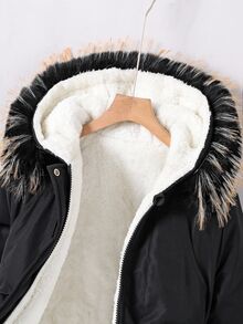 SHEIN 青少年女孩冬季連帽派克夾克外套 抓絨內裡 人造毛領 - 黑色 - 查看 7
