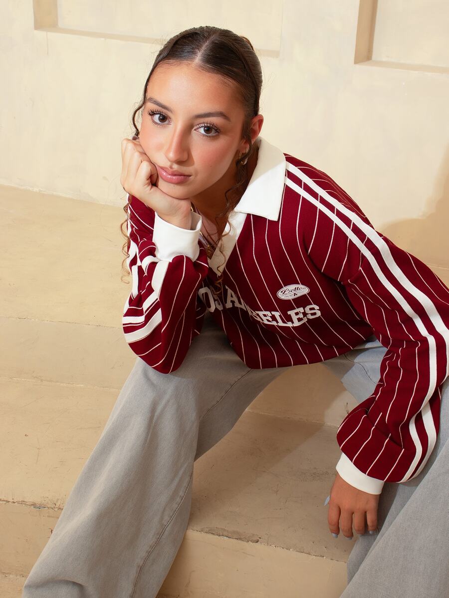 juhmazzocco Women's New Striped Letter & Numeral Print Active T-Shirt - Red - View 1