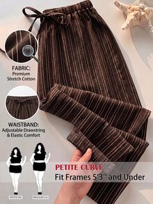 SHEIN PETITE CURVE 大尺碼條紋休閒抽繩腰長褲，適合日常穿著 - 棕色 - 查看 8