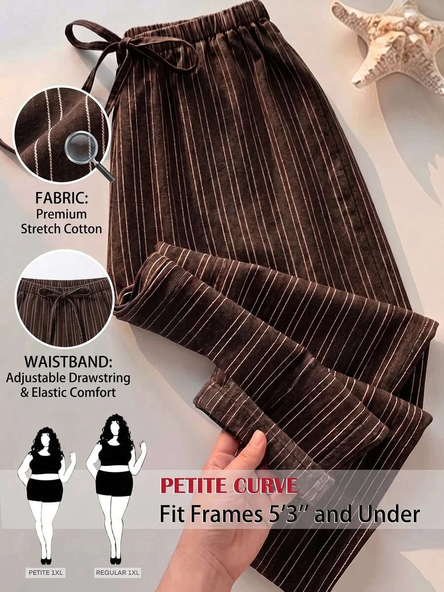 SHEIN PETITE CURVE Plus Size Striped Casual Drawstring Waist Long Pants For Daily Wear - Brown - View 1
