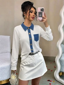 INAWLY Atasan Wanita Lengan Panjang Berpotongan Warna Blok, Kancing Tunggal, Saku, Kasual Elegan untuk Kantor, Putih dan Biru, Musim Gugur - Putih - View 4