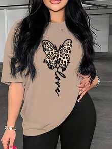 BamGleam Women's Casual Leopard Print Butterfly & Letter Pattern T-Shirt, Summer - Khaki - View 4