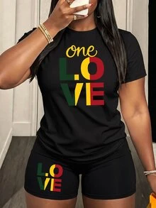 BamGleam "LOVE" Slogan Print Casual Comfortable Lounge Wear Set - Black - View 2