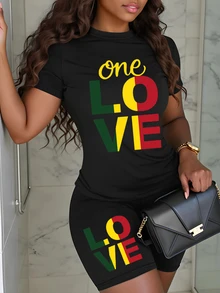 BamGleam "LOVE" Slogan Print Casual Comfortable Lounge Wear Set - Black - View 3