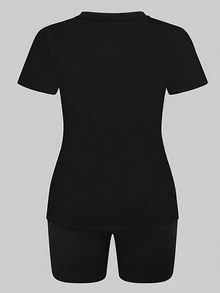 BamGleam "LOVE" Slogan Print Casual Comfortable Lounge Wear Set - Black - View 4