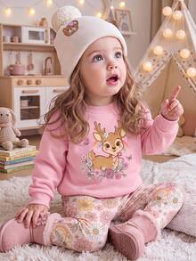 Setelan Baju Sweatshirt Leher Bulat Longgar Minimalis Kasual untuk Bayi Perempuan & Celana Panjang Pinggang Elastis, Cocok untuk Musim Gugur/Musim Dingin - MultiWarna - View 1