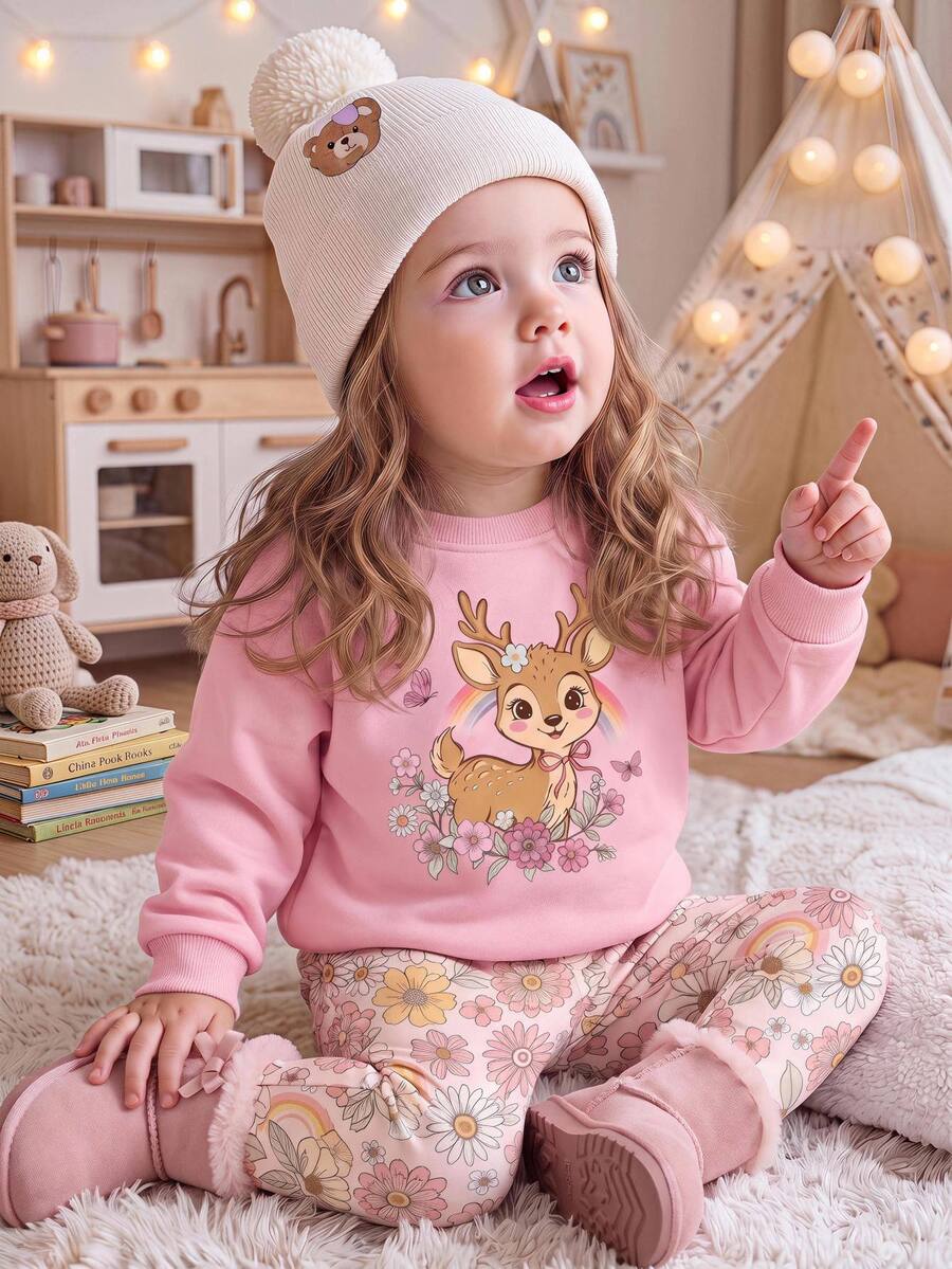 Setelan Baju Sweatshirt Leher Bulat Longgar Minimalis Kasual untuk Bayi Perempuan & Celana Panjang Pinggang Elastis, Cocok untuk Musim Gugur/Musim Dingin - MultiWarna - View 1