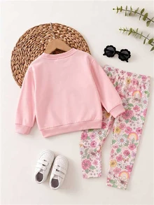 Setelan Baju Sweatshirt Leher Bulat Longgar Minimalis Kasual untuk Bayi Perempuan & Celana Panjang Pinggang Elastis, Cocok untuk Musim Gugur/Musim Dingin - MultiWarna - View 2