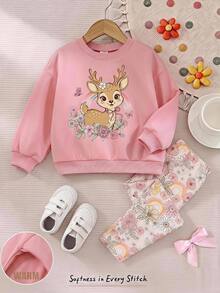 Setelan Baju Sweatshirt Leher Bulat Longgar Minimalis Kasual untuk Bayi Perempuan & Celana Panjang Pinggang Elastis, Cocok untuk Musim Gugur/Musim Dingin - MultiWarna - View 4