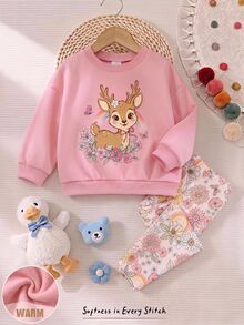 Setelan Baju Sweatshirt Leher Bulat Longgar Minimalis Kasual untuk Bayi Perempuan & Celana Panjang Pinggang Elastis, Cocok untuk Musim Gugur/Musim Dingin - MultiWarna - View 3