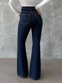 EURMUSE Plus Hight Waist Navy Blue Flare Jean Party Summer 1960s Casual - Dark Wash - View 3