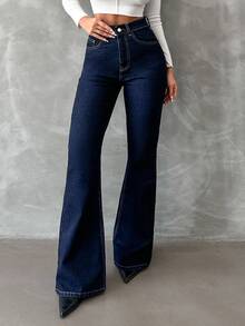 EURMUSE Plus Hight Waist Navy Blue Flare Jean Party Summer 1960s Casual - Dark Wash - View 4