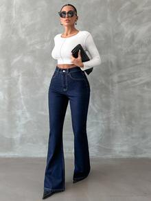 EURMUSE Plus Hight Waist Navy Blue Flare Jean Party Summer 1960s Casual - Dark Wash - View 7