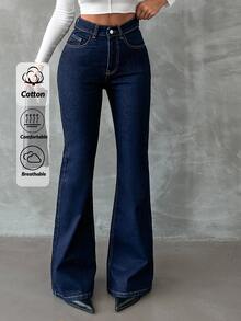 EURMUSE Plus Hight Waist Navy Blue Flare Jean Party Summer 1960s Casual - Dark Wash - View 2