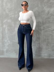 EURMUSE Plus Hight Waist Navy Blue Flare Jean Party Summer 1960s Casual - Dark Wash - View 6