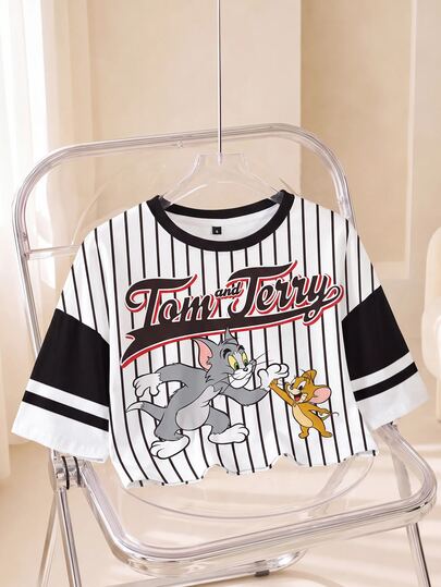 TOM & JERRY X SHEIN Camiseta Feminina de Manga Curta com Gola Redonda, Estampa de Desenho Animado Listrada, Casual para o Dia a Dia
