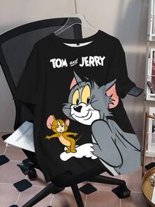 TOM & JERRY X SHEIN Plus Size Women's Cute Cartoon Pattern Letter Print Crew Neck Short Sleeve T-Shirt Back-To-School Office Cow Print Summer - White - View 3
