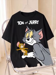 TOM & JERRY X SHEIN Plus Size Women's Cute Cartoon Pattern Letter Print Crew Neck Short Sleeve T-Shirt Back-To-School Office Cow Print Summer - White - View 1