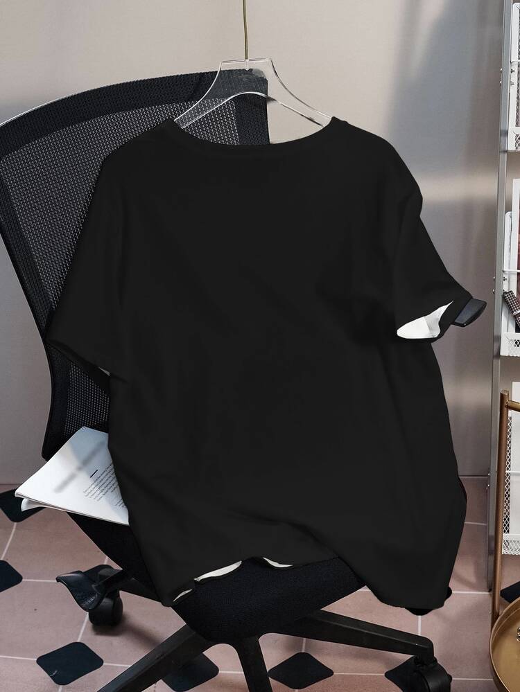 TOM & JERRY X SHEIN Plus Size Women's Cute Cartoon Pattern Letter Print Crew Neck Short Sleeve T-Shirt Back-To-School Office Cow Print Summer - White - View 2