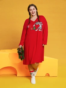 TOM & JERRY X SHEIN Vestido Con Estampado De Dibujos Animados De Talla Extra - Burdeos - Ver 7