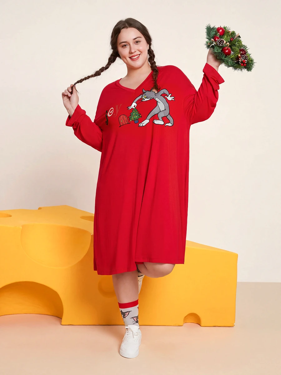 TOM & JERRY X SHEIN Vestido Con Estampado De Dibujos Animados De Talla Extra - Burdeos - Ver 1