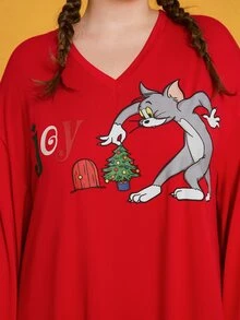 TOM & JERRY X SHEIN Vestido Con Estampado De Dibujos Animados De Talla Extra - Burdeos - Ver 5