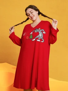 TOM & JERRY X SHEIN Vestido Con Estampado De Dibujos Animados De Talla Extra - Burdeos - Ver 6