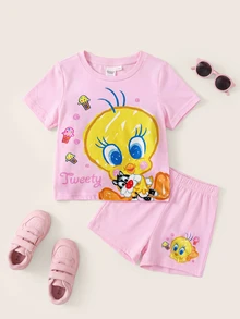 LOONEY TUNES X SHEIN 女嬰圓領字母卡通印花短袖T恤與短褲休閒日常套裝 - 粉色 - 查看 1