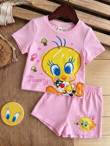 LOONEY TUNES X SHEIN 女嬰圓領字母卡通印花短袖T恤與短褲休閒日常套裝 - 粉色 - 查看 3