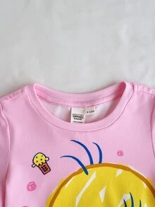 LOONEY TUNES X SHEIN 女嬰圓領字母卡通印花短袖T恤與短褲休閒日常套裝 - 粉色 - 查看 5