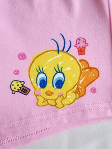 LOONEY TUNES X SHEIN 女嬰圓領字母卡通印花短袖T恤與短褲休閒日常套裝 - 粉色 - 查看 7