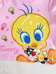 LOONEY TUNES X SHEIN 女嬰圓領字母卡通印花短袖T恤與短褲休閒日常套裝 - 粉色 - 查看 6