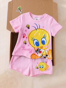 LOONEY TUNES X SHEIN 女嬰圓領字母卡通印花短袖T恤與短褲休閒日常套裝 - 粉色 - 查看 4