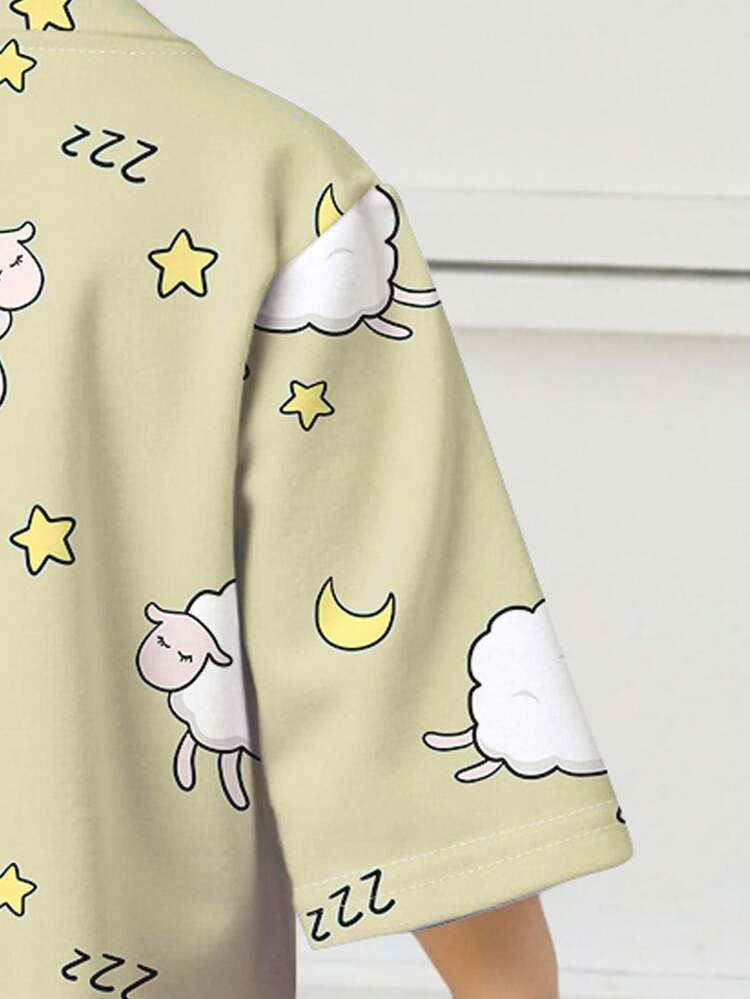 2pcs/Set Baby Boys Casual Loose Printed Crew Neck Top And Pants Pajamas Set - Multicolor - View 3