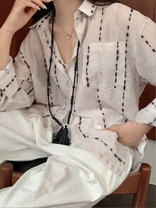 INAWLY 女士休闲舒适亚麻印花衬衫 - 白色 - 查看 6
