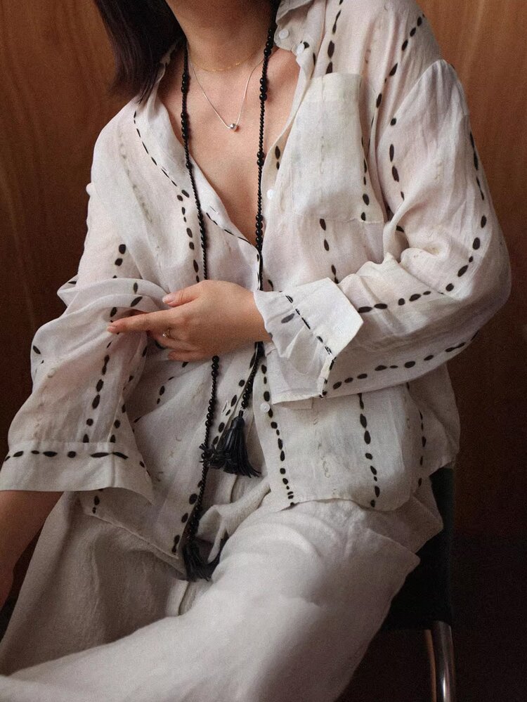 INAWLY 女士休闲舒适亚麻印花衬衫 - 白色 - 查看 4