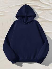 Attitoon Casual Minimalist Navy Blue Hooded Long Sleeve Loose Fit Thick Sweatshirt For Women, Suitable For Autumn/Winter,Fall - Navy Blue - View 2