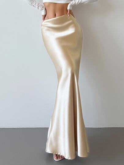 Firerie Beige Summer Elegant Dining Women's Mermaid Skirt,High Waist Gold Satin Fabric, Vintage Refined Modest Graduation Party Business Casual Skirt