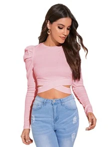 SHEIN SXY تي شيرت قصير مقطع الخصر بأكمام جيجوت - وردي فاتح - مشاهدة 7