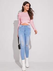 SHEIN SXY تي شيرت قصير مقطع الخصر بأكمام جيجوت - وردي فاتح - مشاهدة 6