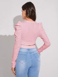 SHEIN SXY تي شيرت قصير مقطع الخصر بأكمام جيجوت - وردي فاتح - مشاهدة 3