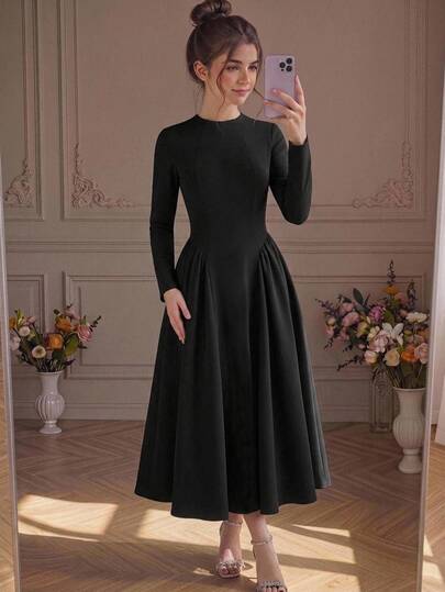 SHEIN Pitira שמלת סריג מידי שחורה חלק אלגנטית עם שרוולים ארוכים לנערות, בגדי חזרה לבית הספר, הלווין, חגים ופסטיבלים