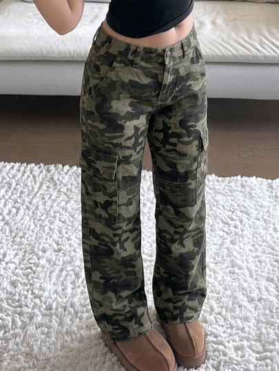 DAZY American Vintage Camouflage Cargo Pants, Loose Straight Leg Multi-Pocket Washed Distressed Casual Trousers For Women Jeans